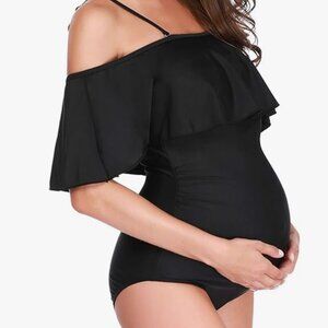 Summermae. Lg Black. Maternity swim off shoulder ruffle– adjustable strap.
